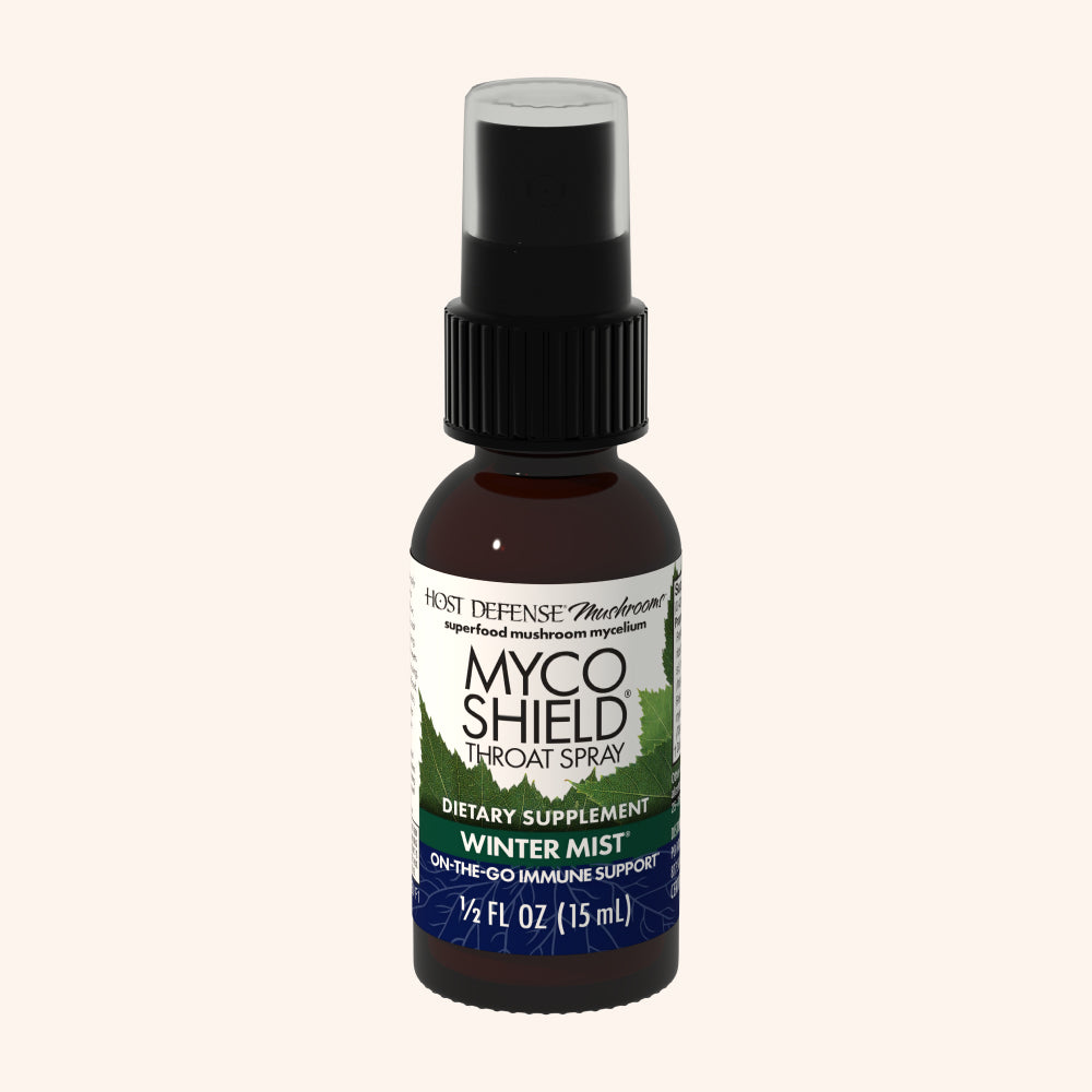 MycoShield Winter Mist Throat Spray, 1/2 fl oz bottle, front view showing label.