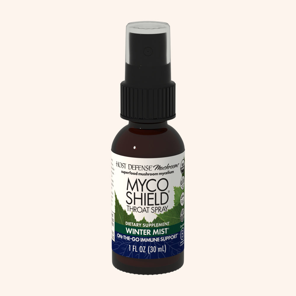 MycoShield Winter Mist Throat Spray, 1 fl oz bottle, Host Defense Mushrooms ad.