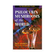Book cover for 'Psilocybin Mushrooms of the World: An Identification Guide' by Paul Stamets, featuring a vibrant background of red, orange, and purple with detailed mushrooms in the foreground.