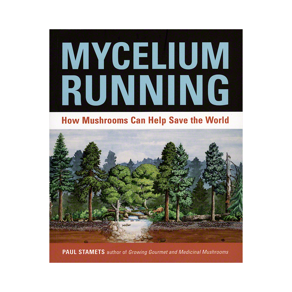 Book cover of 'Mycelium Running: How Mushrooms Can Help Save the World' by Paul Stamets, featuring a forest illustration and light blue title text on a black background.