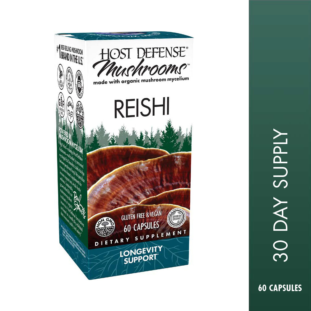 Reishi capsules, 60-count bottle, front view of box.