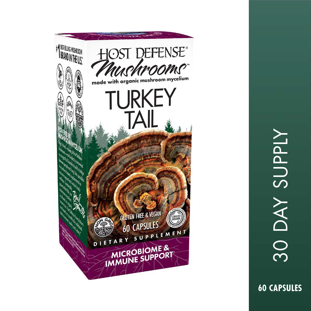 Turkey Tail capsules, 60-count bottle, front view of box.