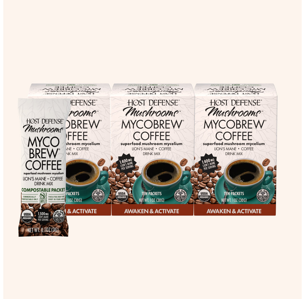 MycoBrew Coffee, 1 oz box, Host Defense Mushrooms ad.