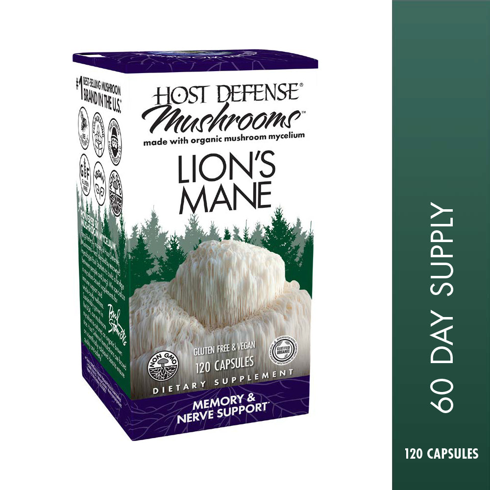 Lion's Mane capsules, 120-count bottle, front view of box.